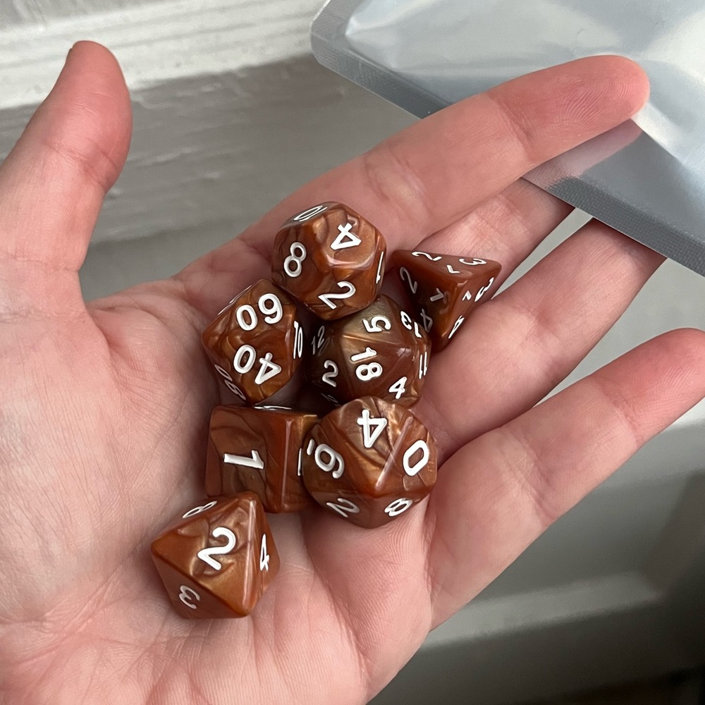 NIB 7-piece brown swirl TTRPG dice set with white ink
